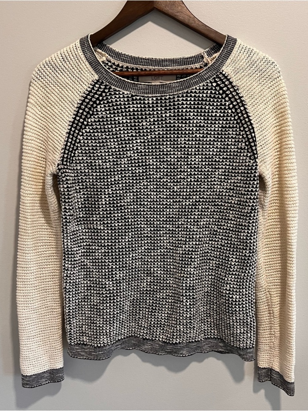 LOFT Black & Cream Textured Raglan Crewneck Sweater